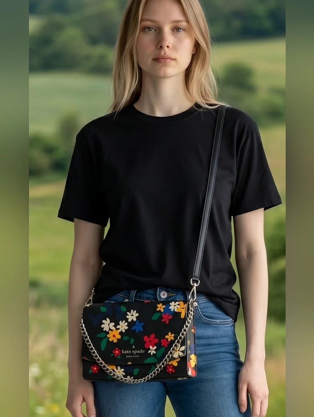 NEW Kate Spade New York Black Floral Staci Sailin Leather Medium Crossbody Bag